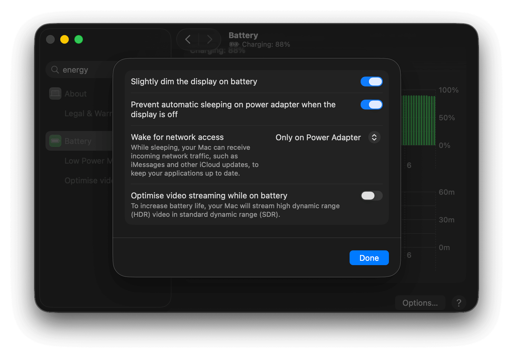 macOS Battery settings showing the Prevent automatic sleeping on power adapter when the display is off option toggled on