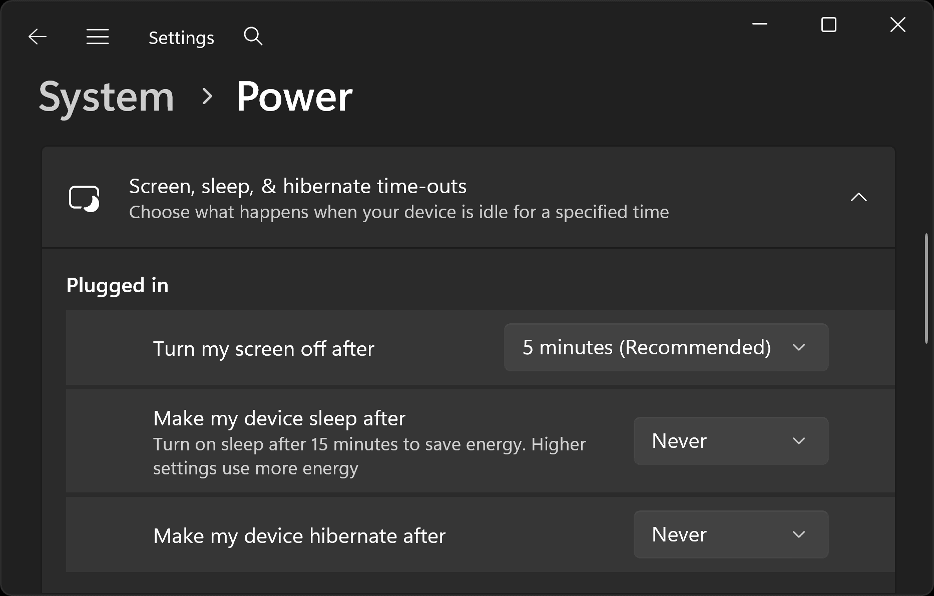 Windows Power and battery settings showing Put my device to sleep after set to Never